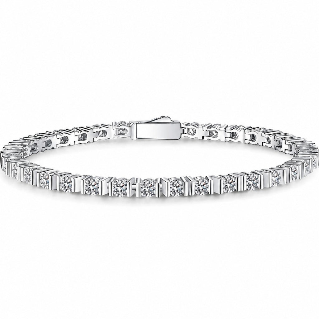 Classic Round Moissanite Tennis Bracelet in Rhodium-Plated S925 sterling silver white background product photo showing bracelet shape and moissanite setting