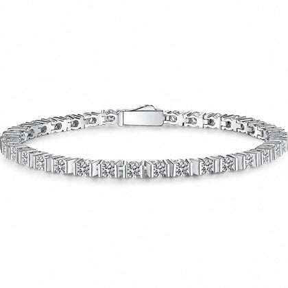 Classic Round Moissanite Tennis Bracelet in Rhodium-Plated S925 sterling silver white background product photo showing bracelet shape and moissanite setting