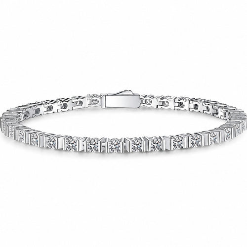 Classic Round Moissanite Tennis Bracelet in Rhodium-Plated S925 sterling silver white background product photo showing bracelet shape and moissanite setting