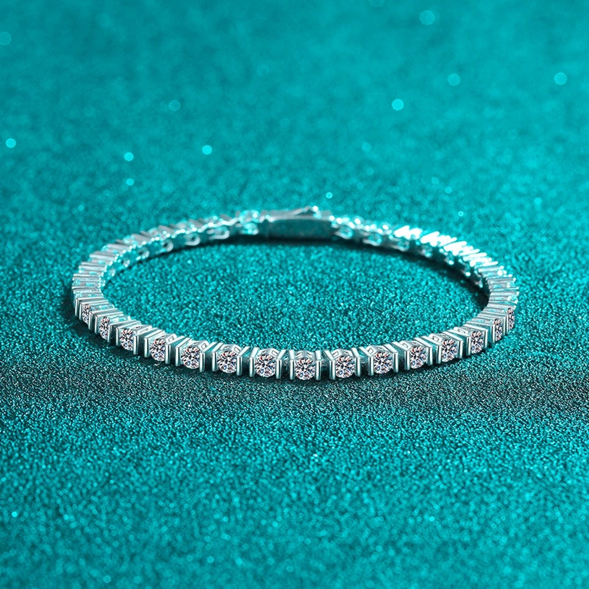 Classic Round Moissanite Tennis Bracelet in Rhodium-Plated S925 sterling silver angled product display showing bracelet silhouette