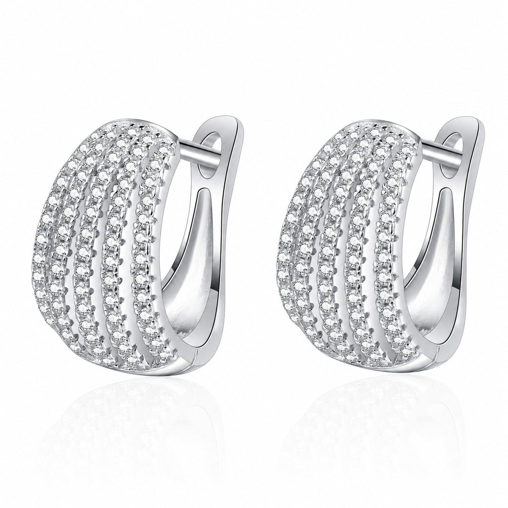 Pave Moissanite Huggie Hoop Earrings in Rhodium-Plated S925 sterling silver white background product photo showing the pair, stone shape, and huggie hoop earrings silhouette