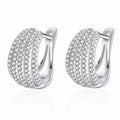 Pave Moissanite Huggie Hoop Earrings in Rhodium-Plated S925 sterling silver white background product photo showing the pair, stone shape, and huggie hoop earrings silhouette
