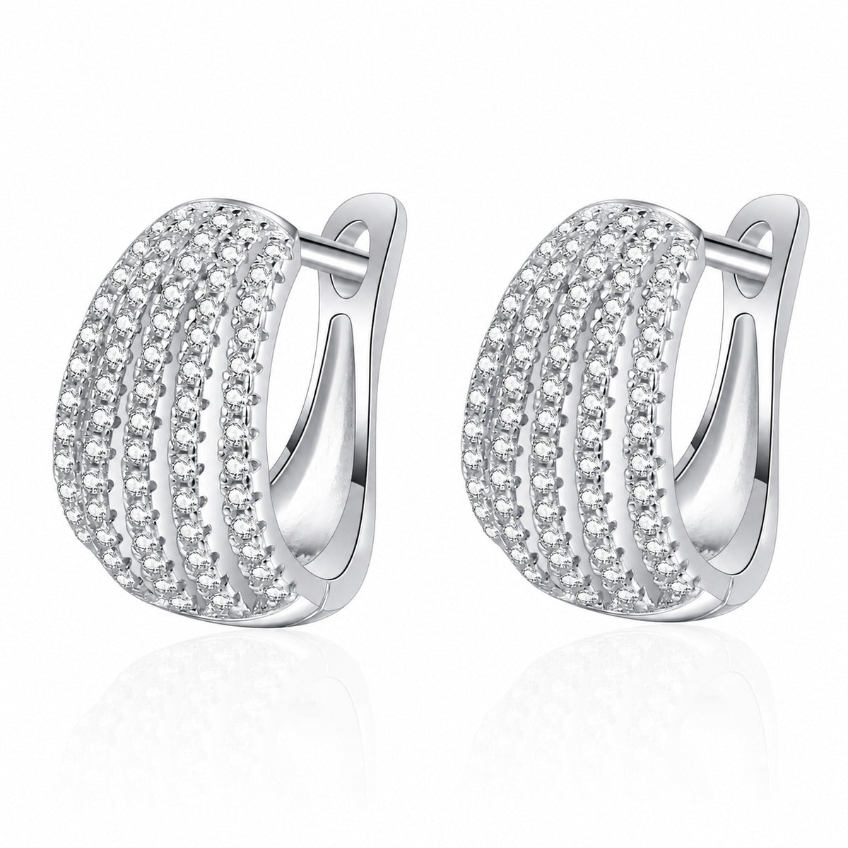Pave Moissanite Huggie Hoop Earrings in Rhodium-Plated S925 sterling silver white background product photo showing the pair, stone shape, and huggie hoop earrings silhouette