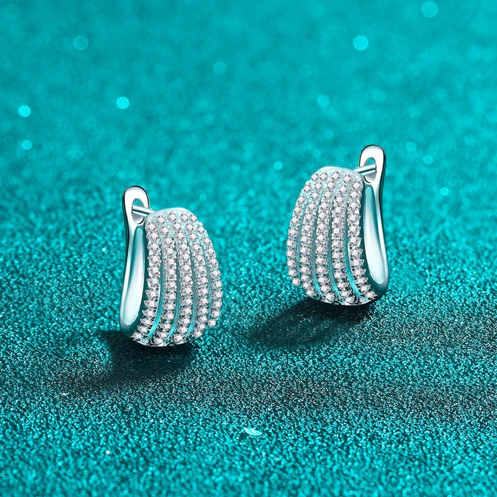 Pave Moissanite Huggie Hoop Earrings in Rhodium-Plated S925 sterling silver product scene view showing front sparkle