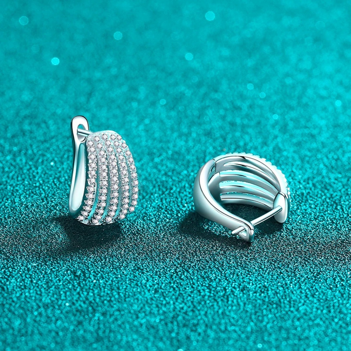 Pave Moissanite Huggie Hoop Earrings in Rhodium-Plated S925 sterling silver product scene view showing side profile