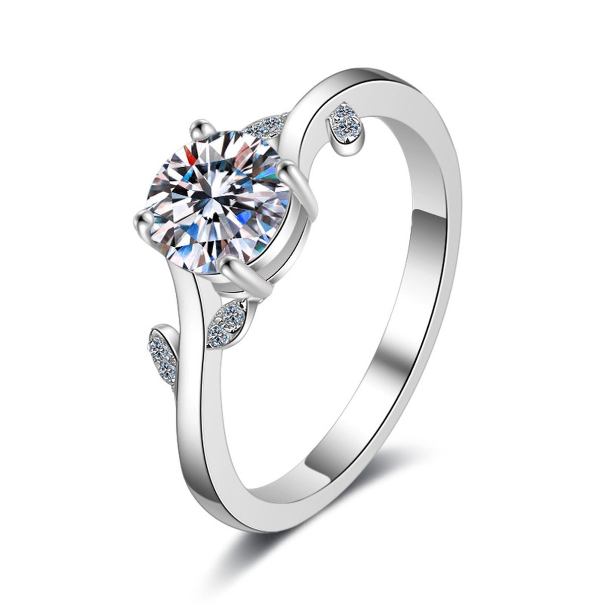 Round Moissanite Adjustable Ring with CZ in rhodium-plated S925 sterling silver on clean white background