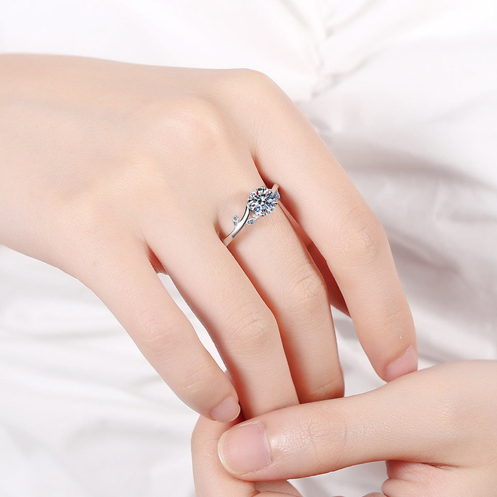 Round Moissanite Adjustable Ring with CZ worn on hand to show scale, band width, and ring profile