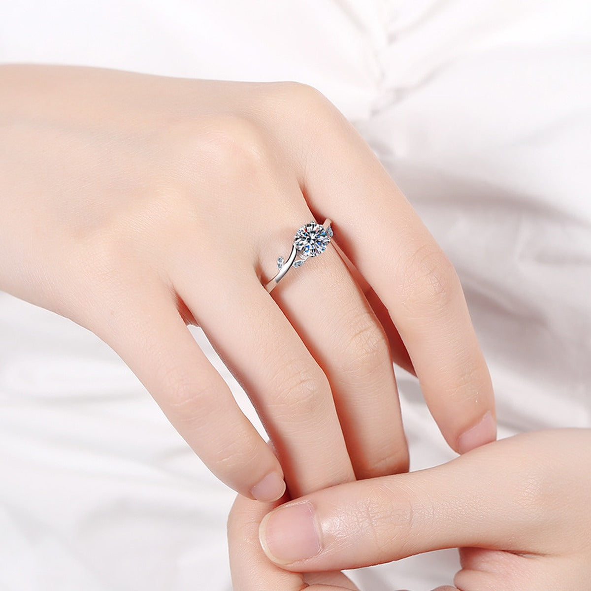 Round Moissanite Adjustable Ring with CZ worn on hand to show scale, band width, and ring profile