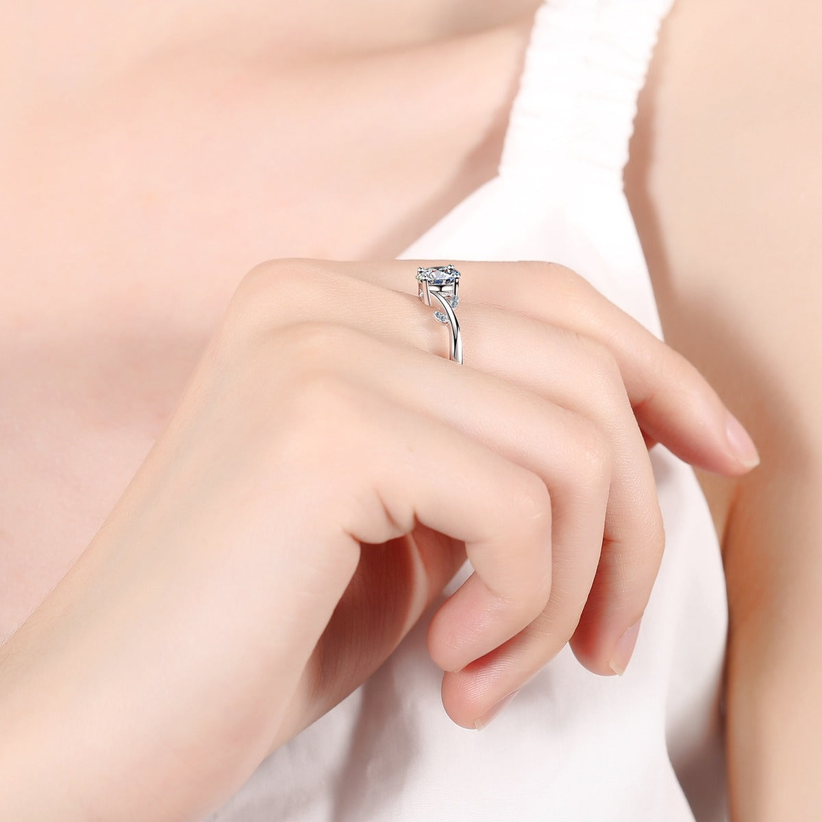 Round Moissanite Adjustable Ring with CZ worn on hand to show scale, band width, and ring profile