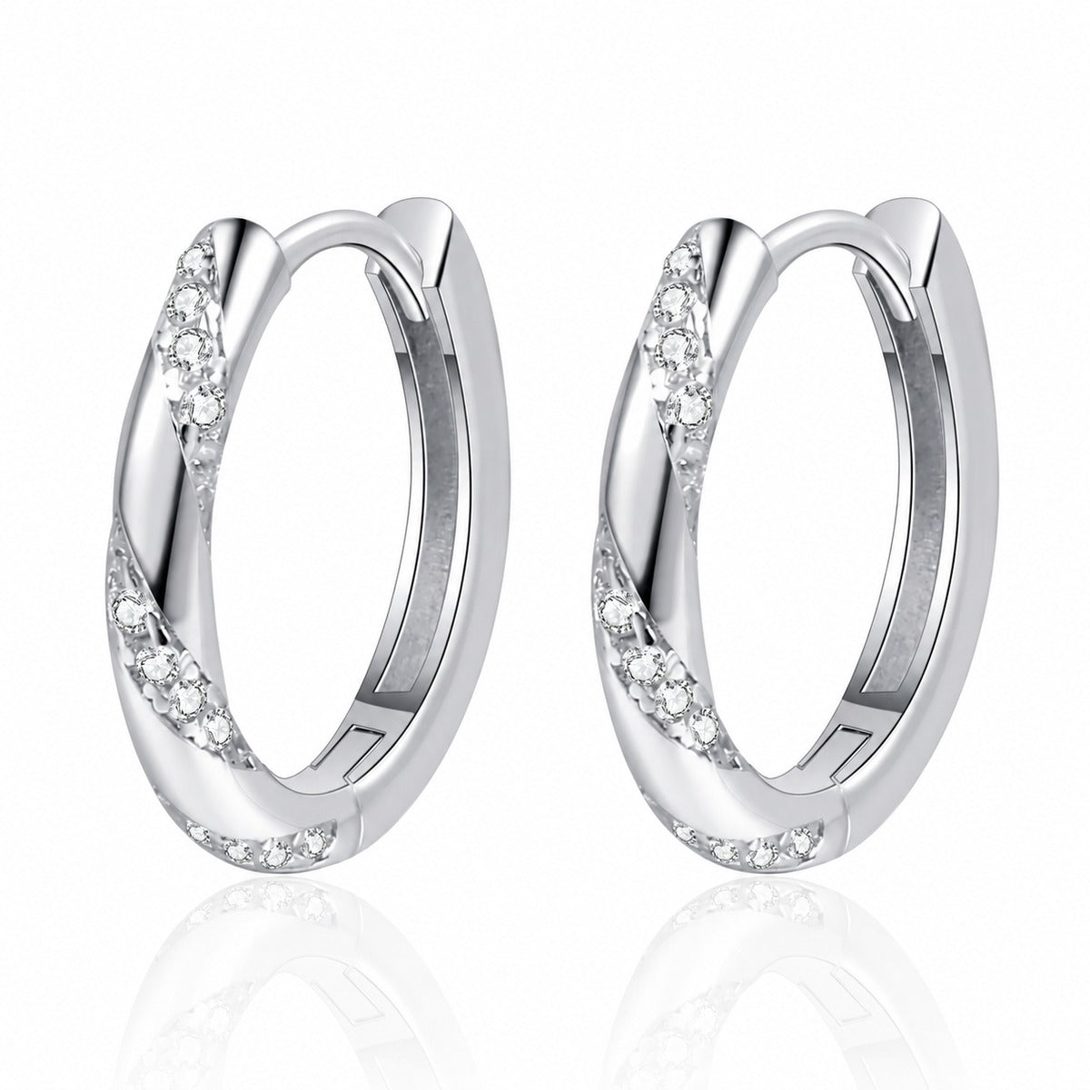 Twisted Pave Moissanite Hoop Earrings in Rhodium-Plated S925 sterling silver white background product photo showing the pair, stone shape, and hoop earrings silhouette