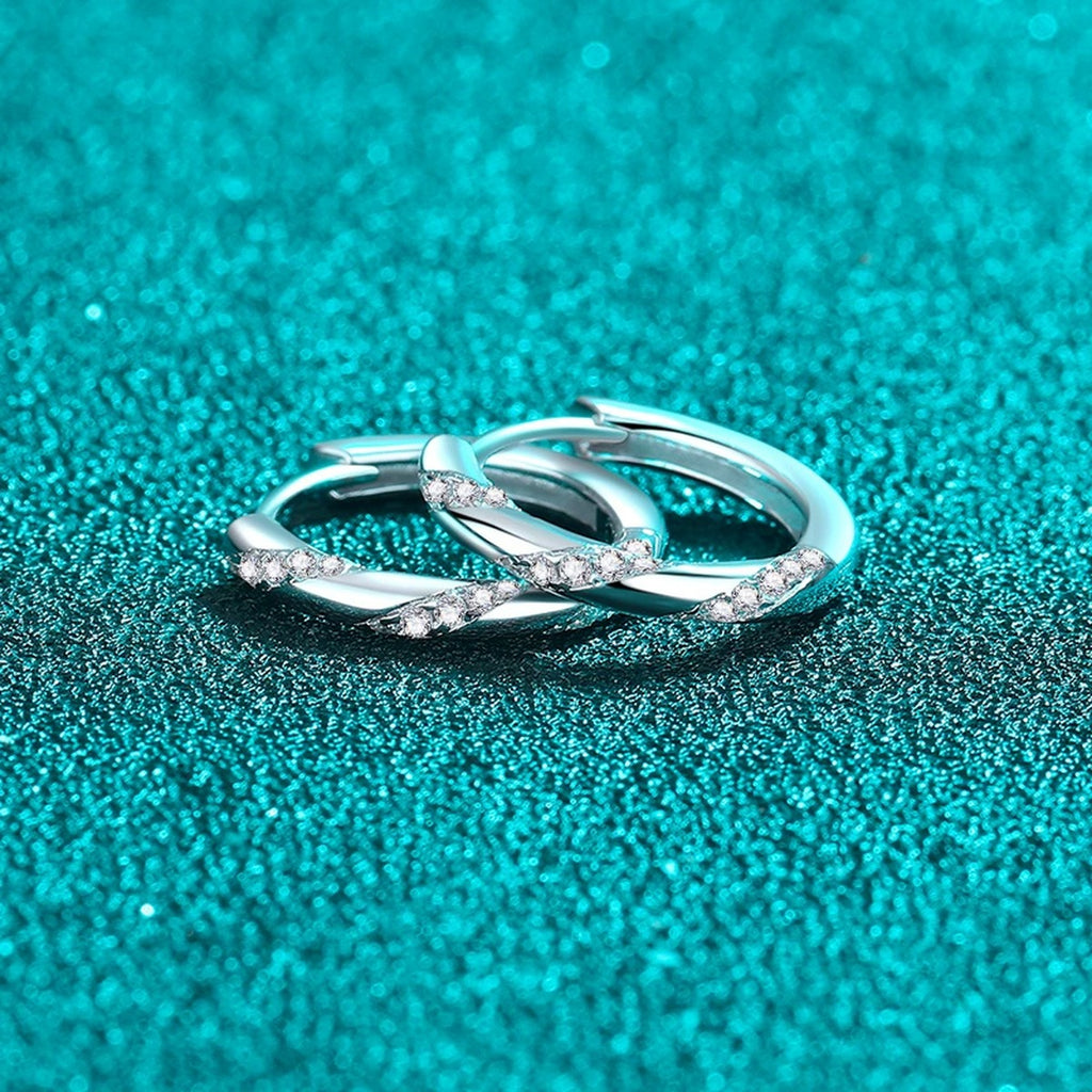 Twisted Pave Moissanite Hoop Earrings in Rhodium-Plated S925 sterling silver product scene view showing front sparkle