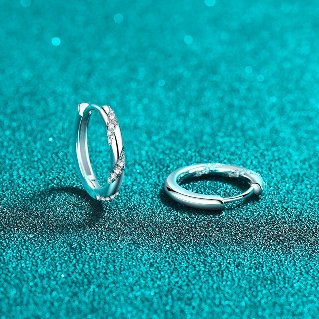 Twisted Pave Moissanite Hoop Earrings in Rhodium-Plated S925 sterling silver product scene view showing angled setting detail
