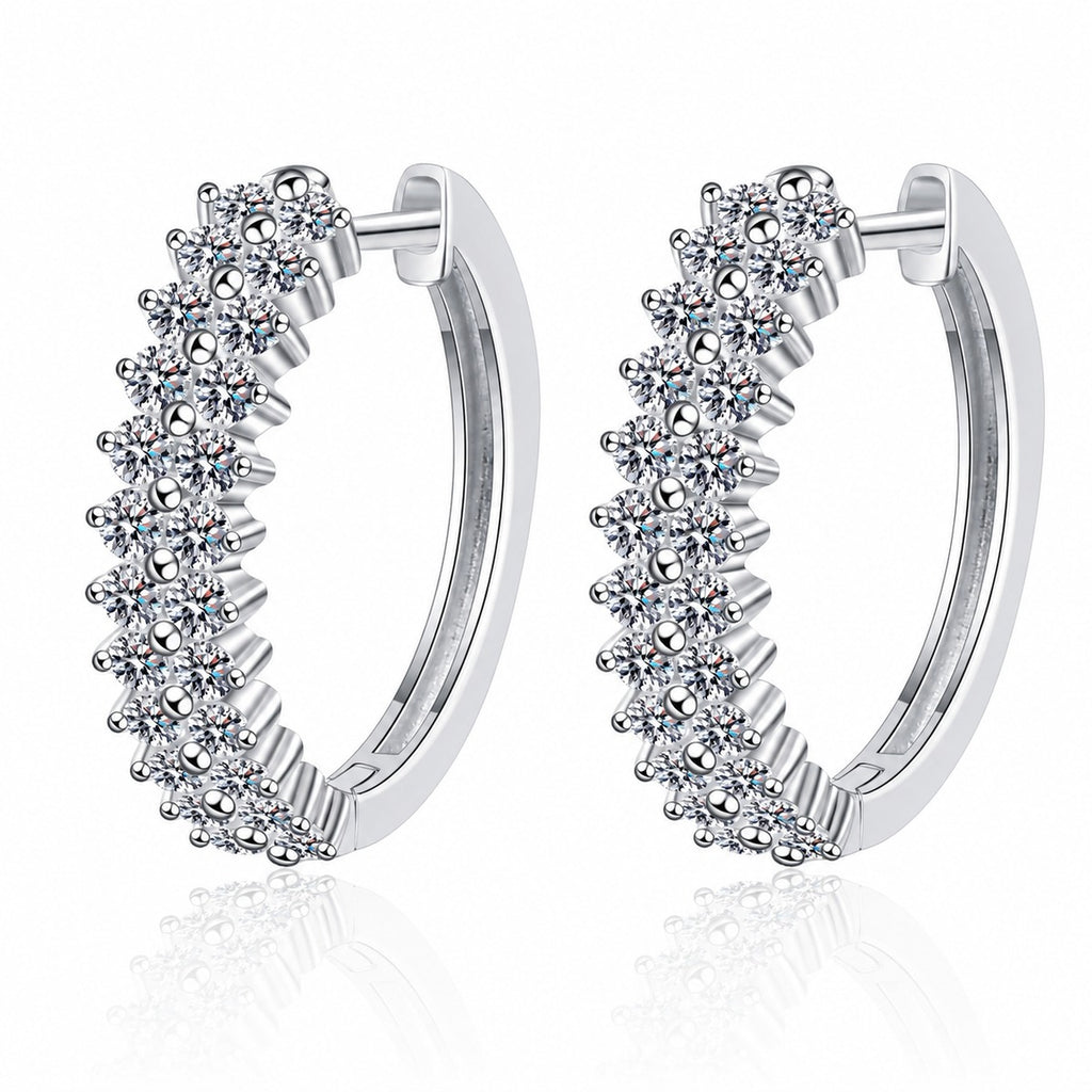 Pave Moissanite Hoop Earrings in Rhodium-Plated S925 sterling silver white background product photo showing the pair, stone shape, and hoop earrings silhouette