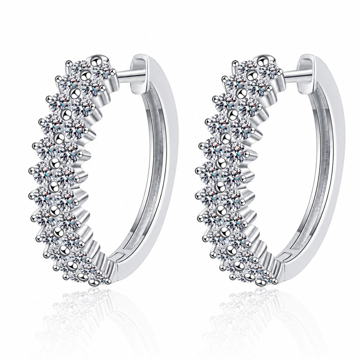 Pave Moissanite Hoop Earrings in Rhodium-Plated S925 sterling silver white background product photo showing the pair, stone shape, and hoop earrings silhouette