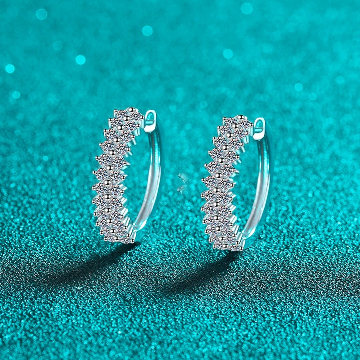 Pave Moissanite Hoop Earrings in Rhodium-Plated S925 sterling silver product scene view showing front sparkle