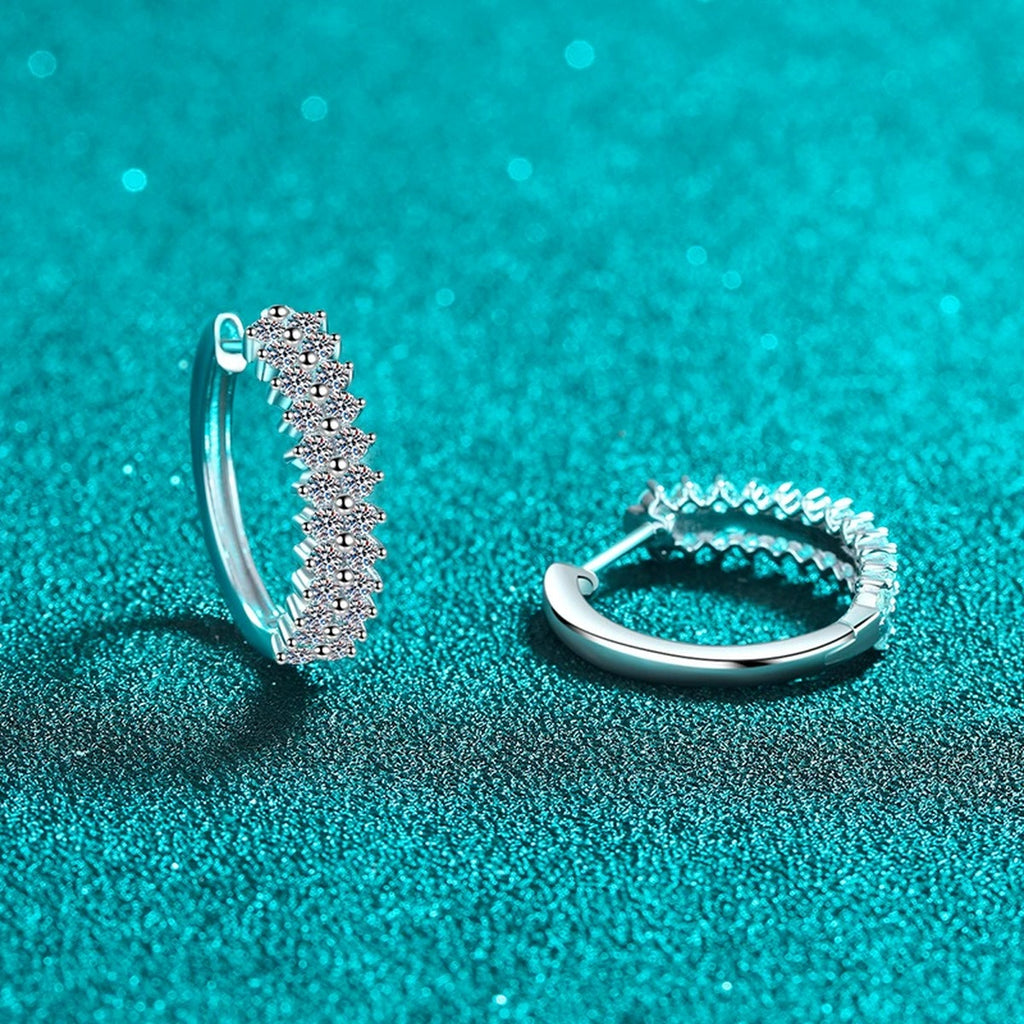 Pave Moissanite Hoop Earrings in Rhodium-Plated S925 sterling silver product scene view showing angled setting detail