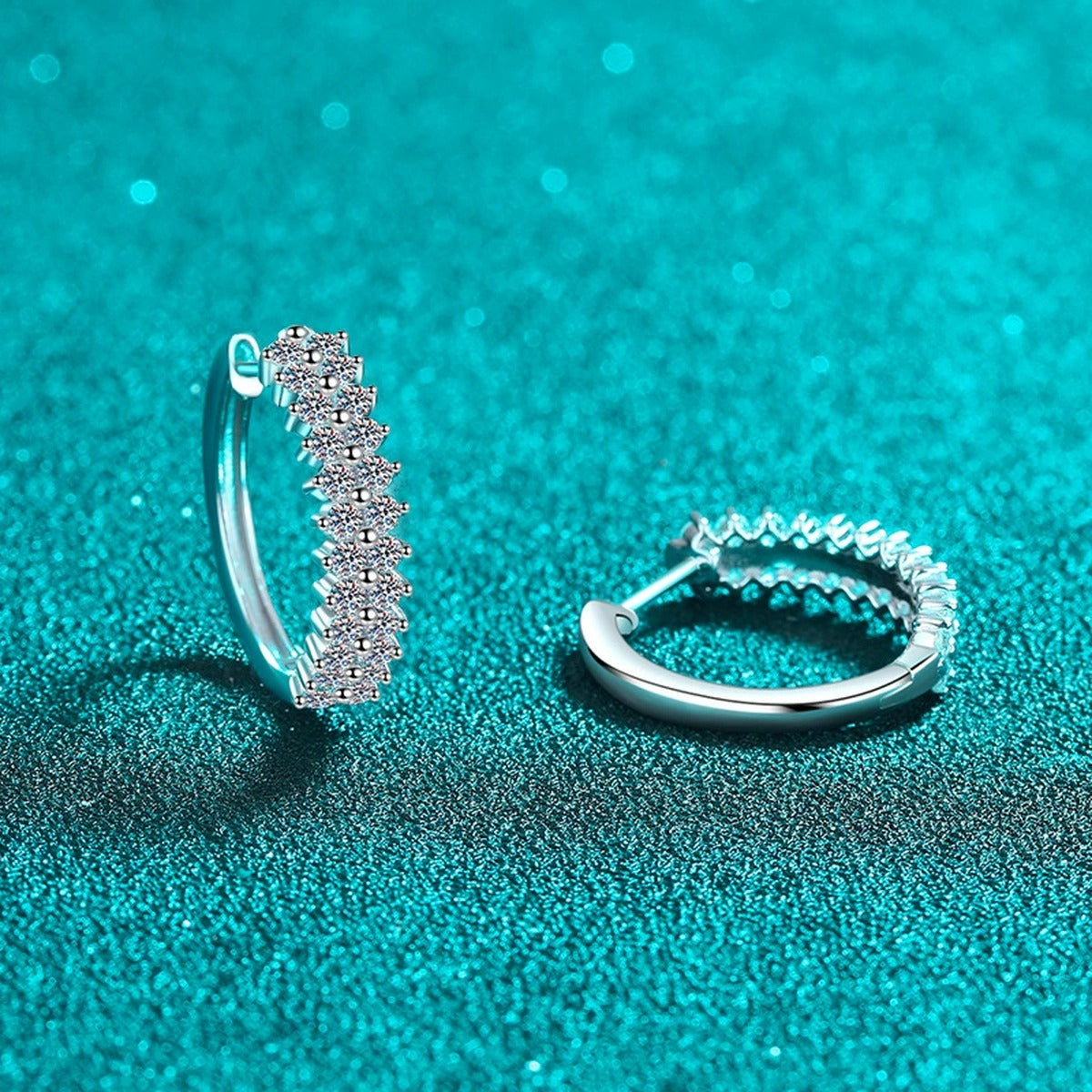 Pave Moissanite Hoop Earrings in Rhodium-Plated S925 sterling silver product scene view showing angled setting detail