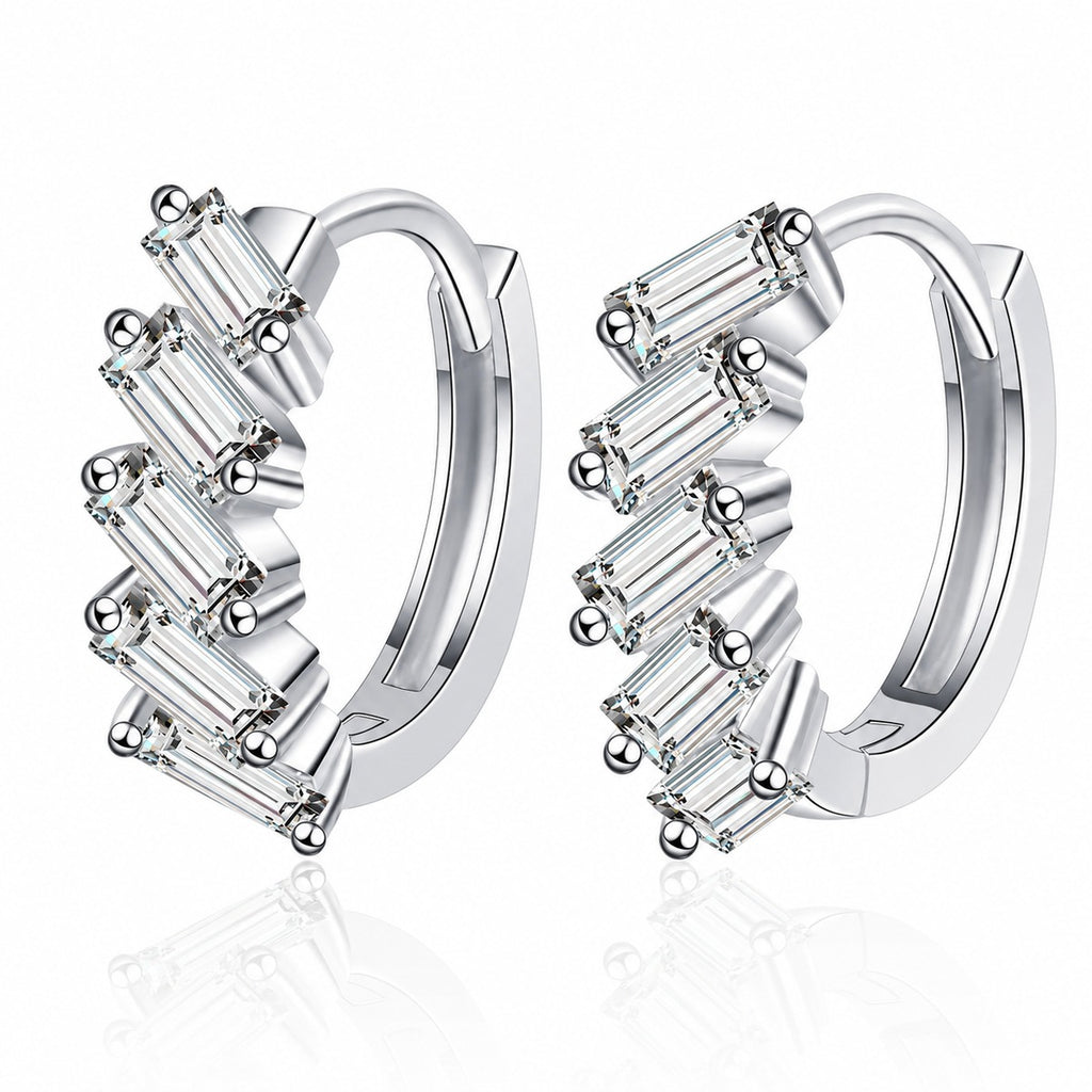 Emerald Cut Moissanite Huggie Hoop Earrings in Rhodium-Plated S925 sterling silver white background product photo showing the pair, stone shape, and huggie hoop earrings silhouette
