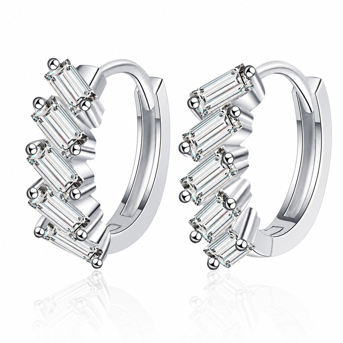 Emerald Cut Moissanite Huggie Hoop Earrings in Rhodium-Plated S925 sterling silver white background product photo showing the pair, stone shape, and huggie hoop earrings silhouette