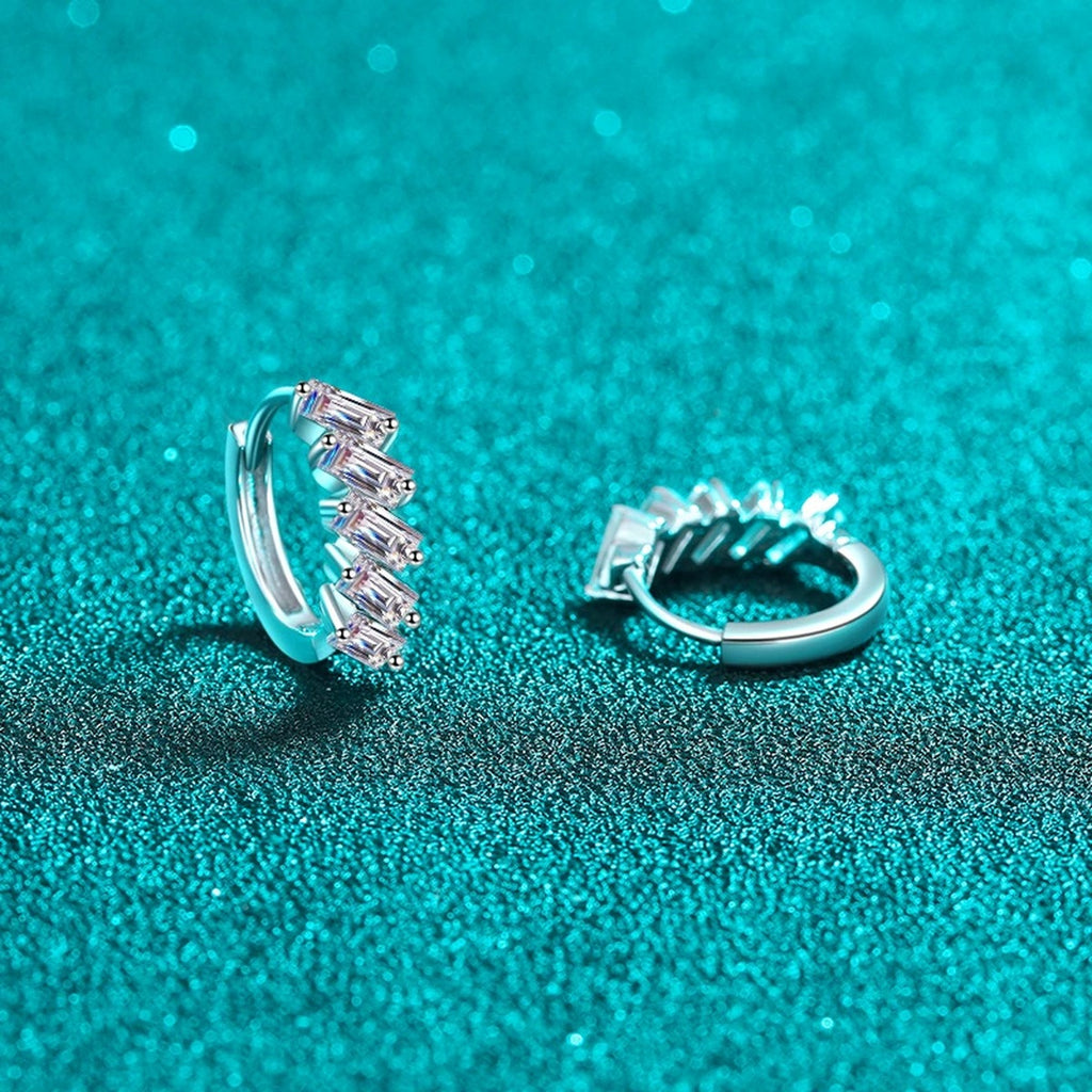 Emerald Cut Moissanite Huggie Hoop Earrings in Rhodium-Plated S925 sterling silver product scene view showing front sparkle