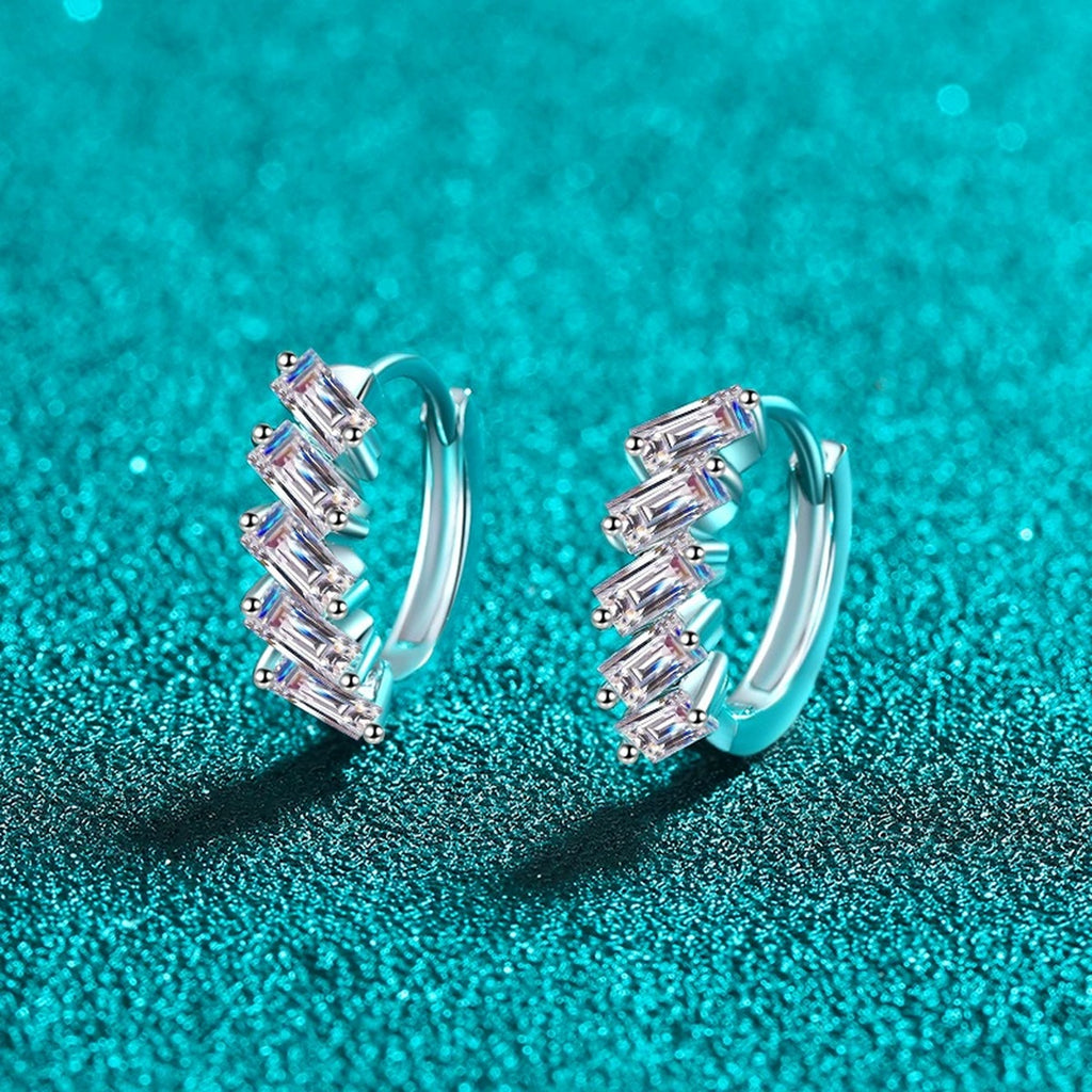 Emerald Cut Moissanite Huggie Hoop Earrings in Rhodium-Plated S925 sterling silver product scene view showing side profile