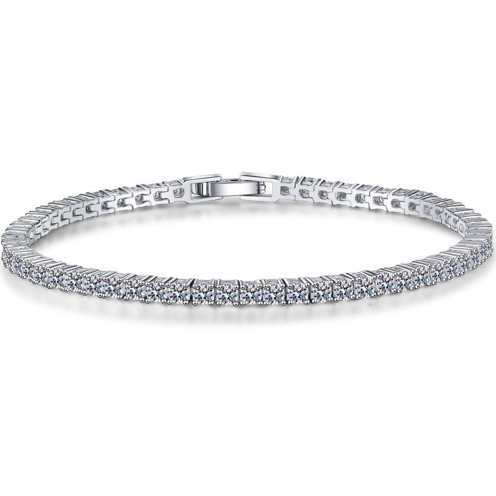 Selectable Stone Size Moissanite Tennis Bracelet in Rhodium-Plated S925 sterling silver white background product photo showing bracelet shape and moissanite setting