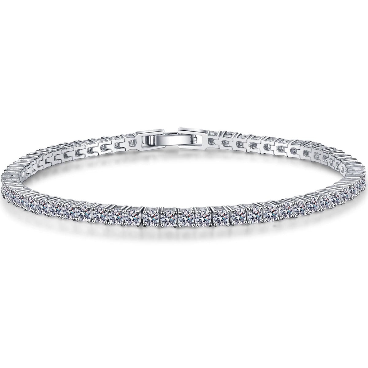 Selectable Stone Size Moissanite Tennis Bracelet in Rhodium-Plated S925 sterling silver white background product photo showing bracelet shape and moissanite setting