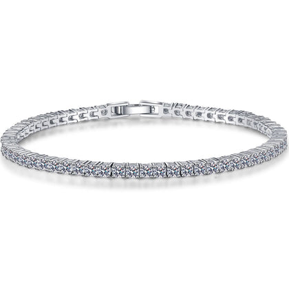 Selectable Stone Size Moissanite Tennis Bracelet in Rhodium-Plated S925 sterling silver white background product photo showing bracelet shape and moissanite setting