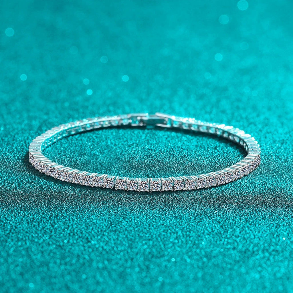 Selectable Stone Size Moissanite Tennis Bracelet in Rhodium-Plated S925 sterling silver angled product display showing bracelet silhouette