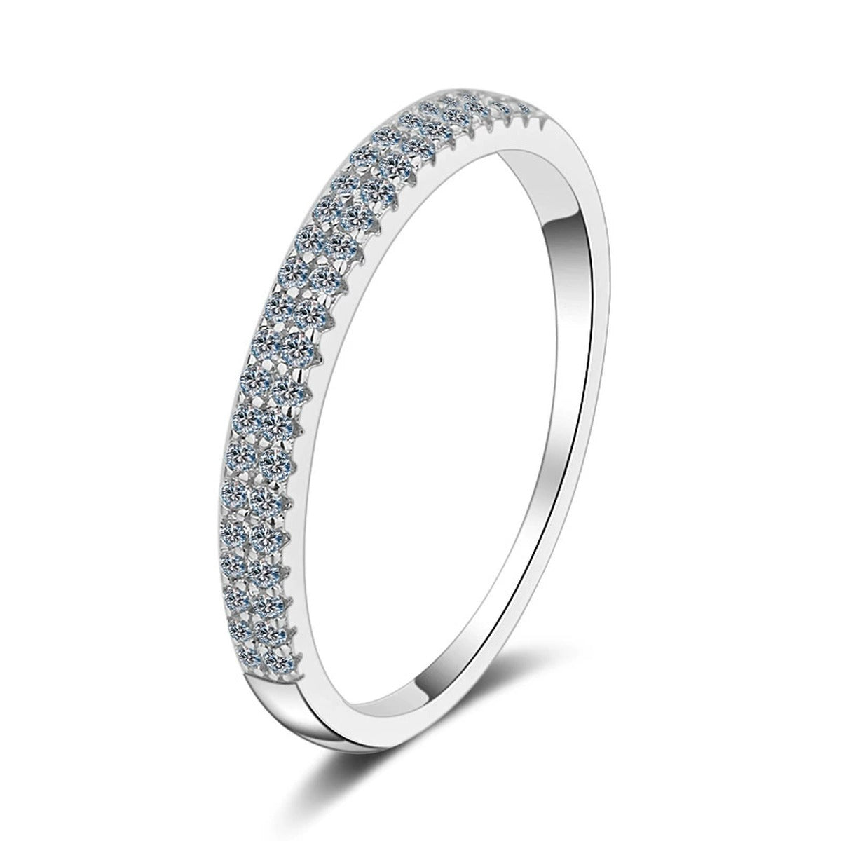 Round Moissanite Stackable Band Ring in rhodium-plated S925 sterling silver on clean white background