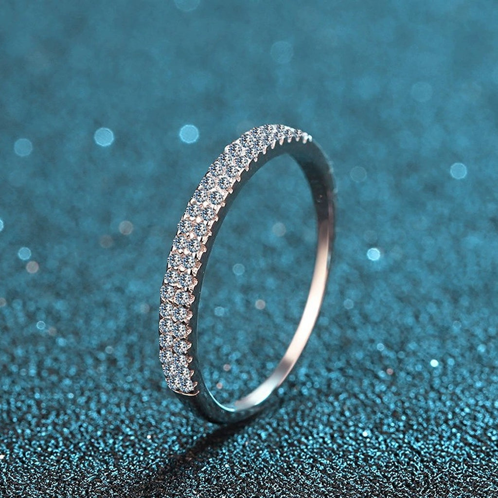 Round Moissanite Stackable Band Ring product view showing moissanite setting and metal finish
