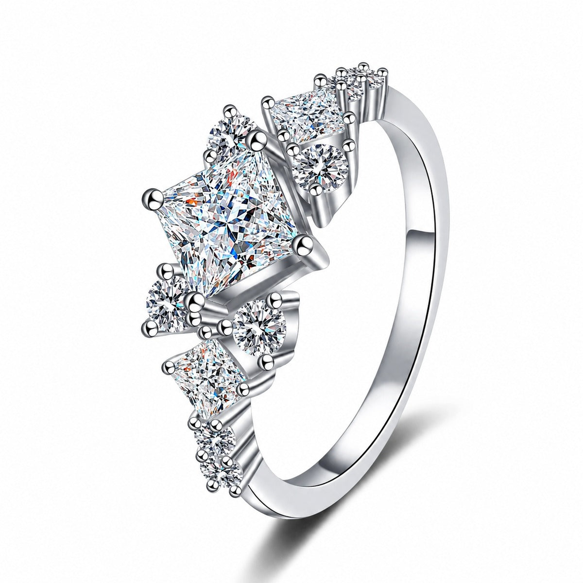 Princess Cut Moissanite Ring with CZ in rhodium-plated S925 sterling silver on clean white background