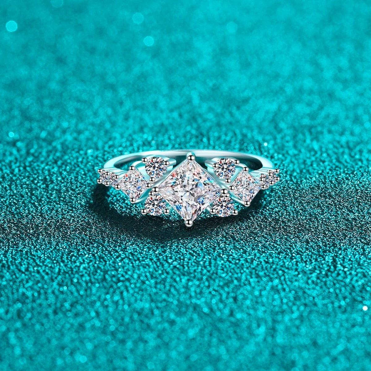 Princess Cut Moissanite Ring with CZ product view showing moissanite setting and metal finish