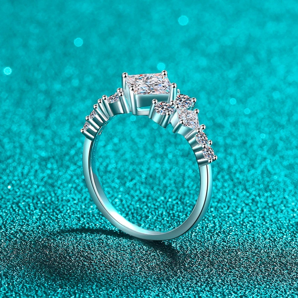 Princess Cut Moissanite Ring with CZ product view showing moissanite setting and metal finish