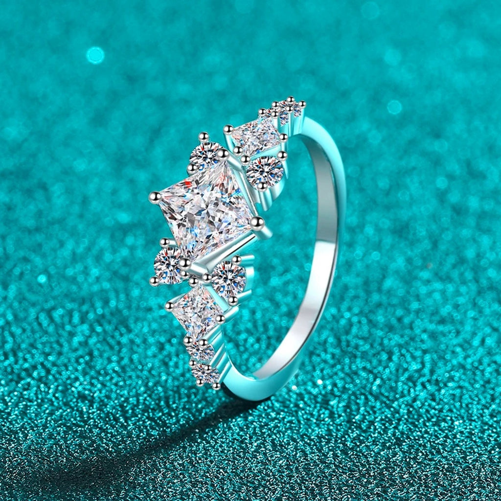 Princess Cut Moissanite Ring with CZ product view showing moissanite setting and metal finish