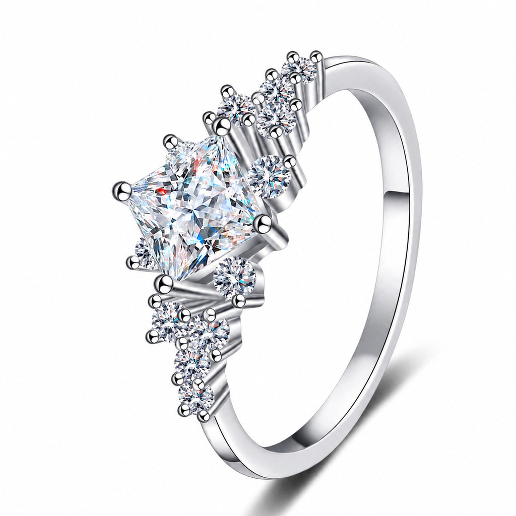 Princess Cut Moissanite Ring with CZ in rhodium-plated S925 sterling silver on clean white background