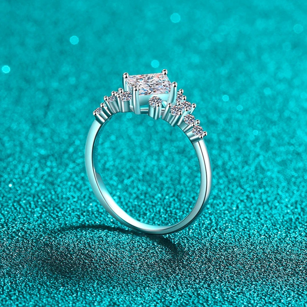 Princess Cut Moissanite Ring with CZ product view showing moissanite setting and metal finish