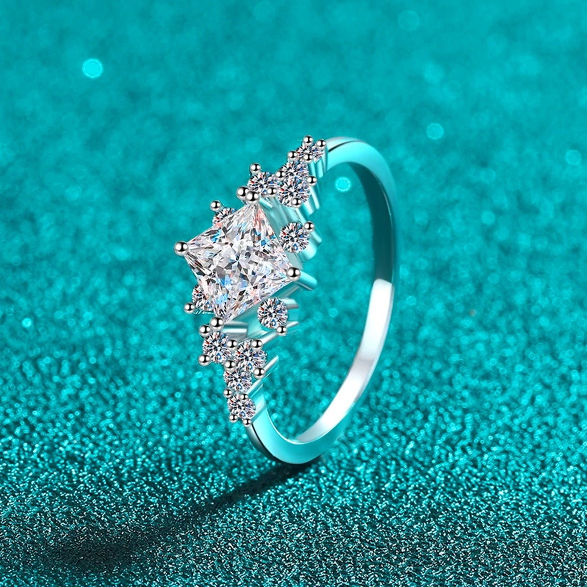 Princess Cut Moissanite Ring with CZ product view showing moissanite setting and metal finish