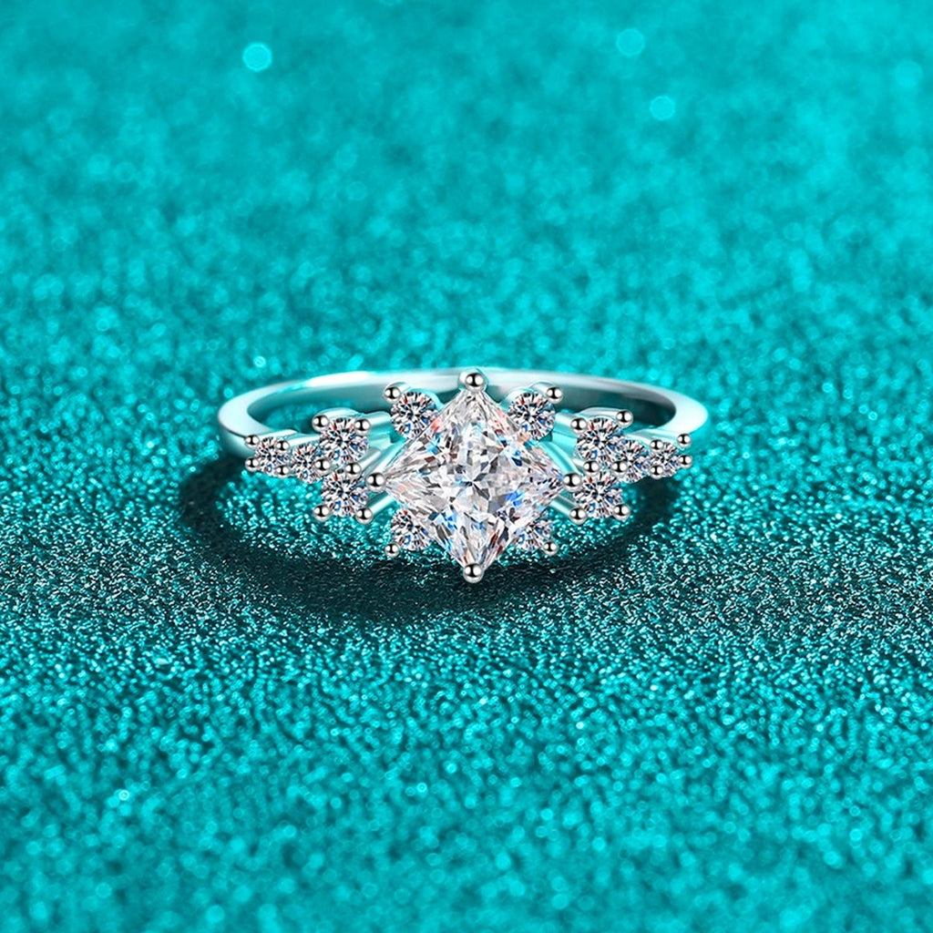 Princess Cut Moissanite Ring with CZ product view showing moissanite setting and metal finish