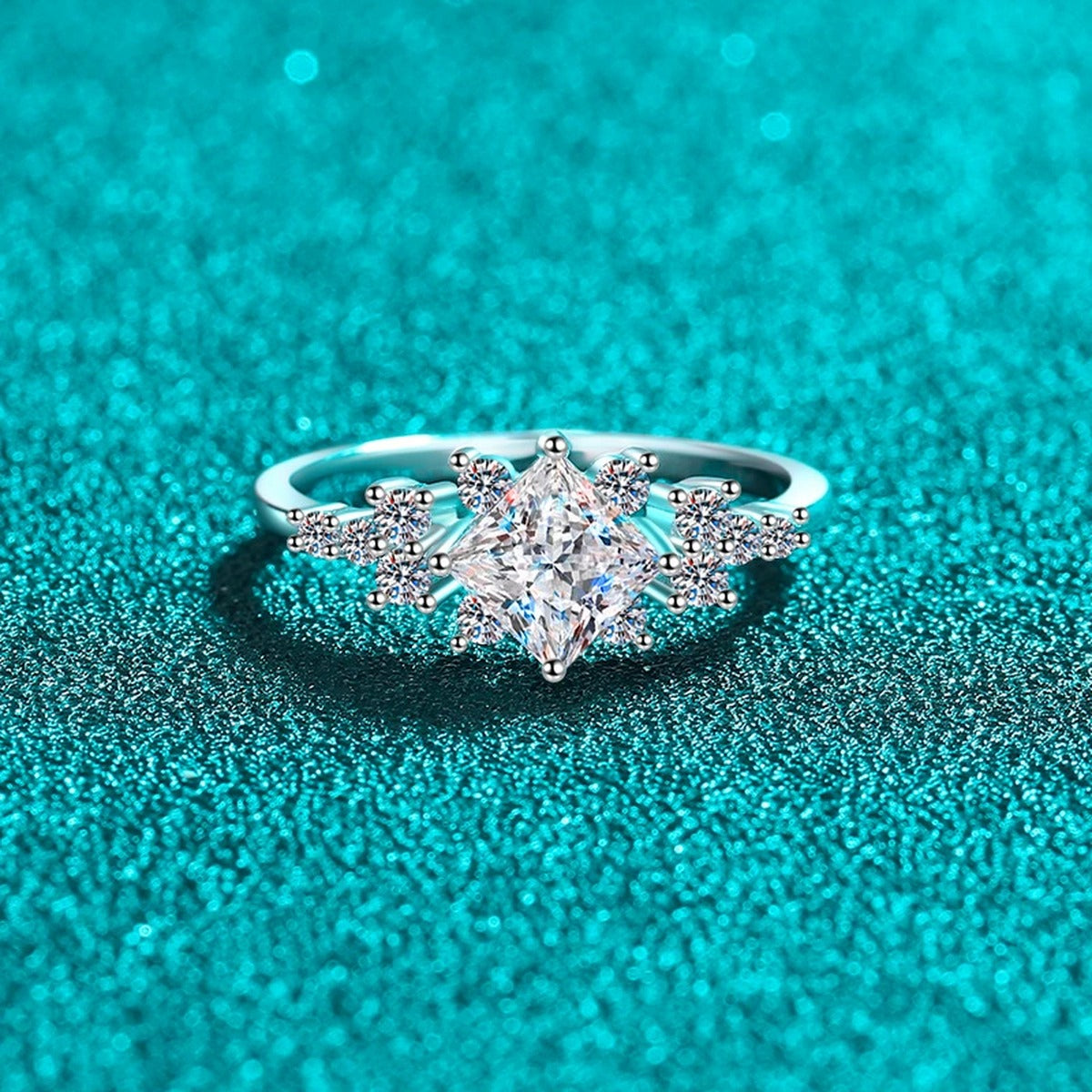 Princess Cut Moissanite Ring with CZ product view showing moissanite setting and metal finish