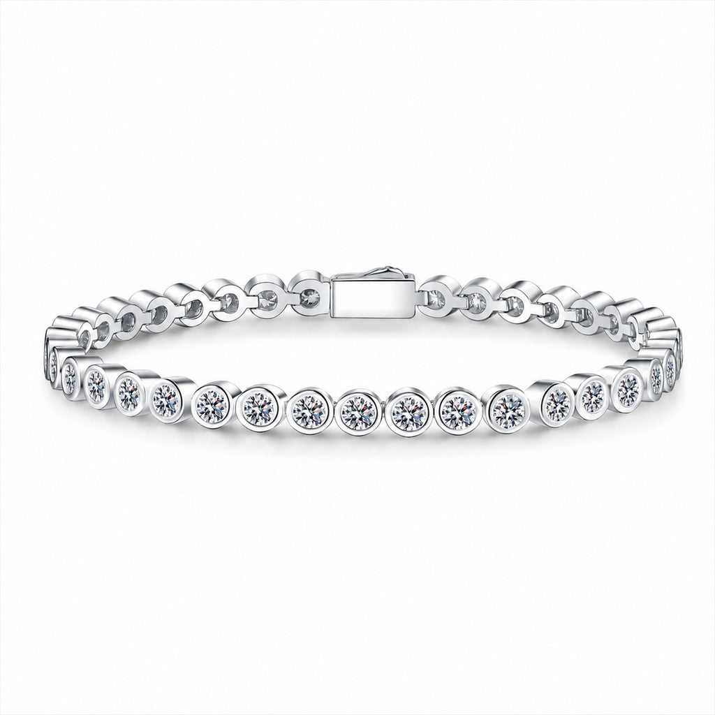 Beaded Round Moissanite Tennis Bracelet in Rhodium-Plated S925 sterling silver white background product photo showing bracelet shape and moissanite setting