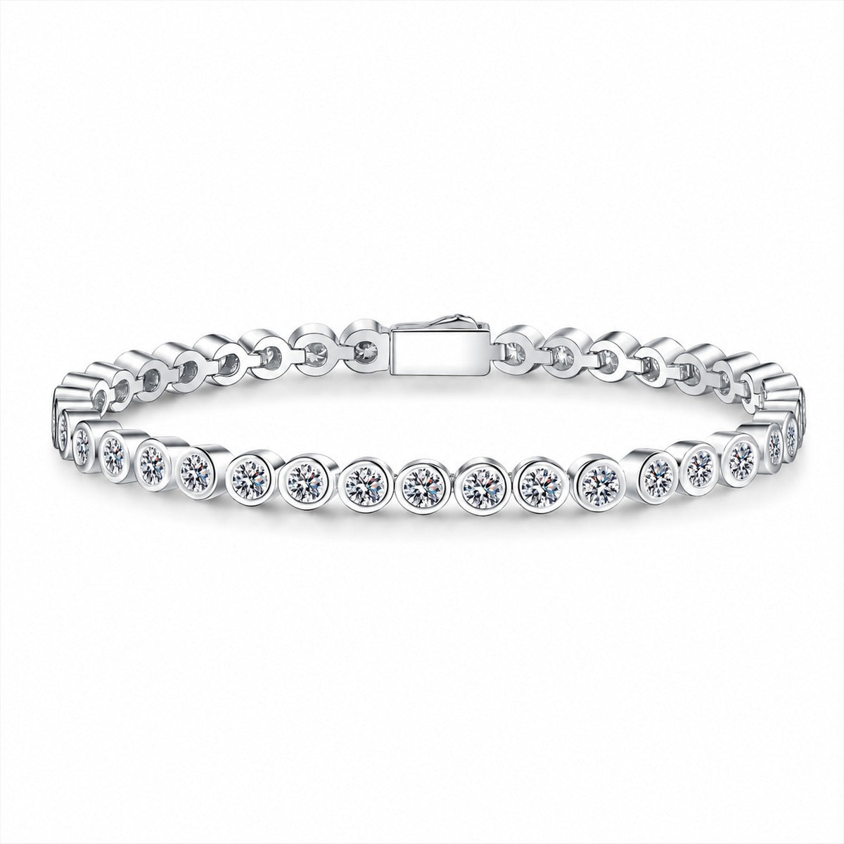 Beaded Round Moissanite Tennis Bracelet in Rhodium-Plated S925 sterling silver white background product photo showing bracelet shape and moissanite setting
