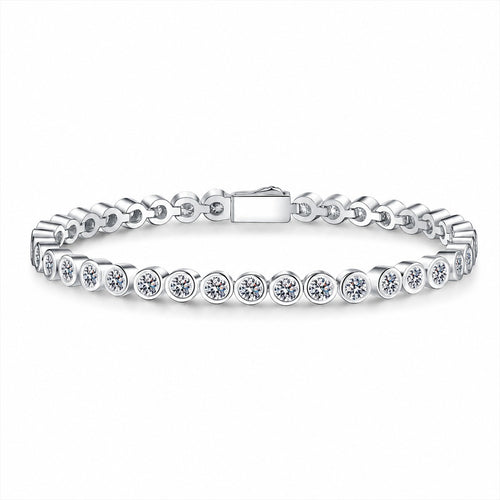 Beaded Round Moissanite Tennis Bracelet in Rhodium-Plated S925 sterling silver white background product photo showing bracelet shape and moissanite setting
