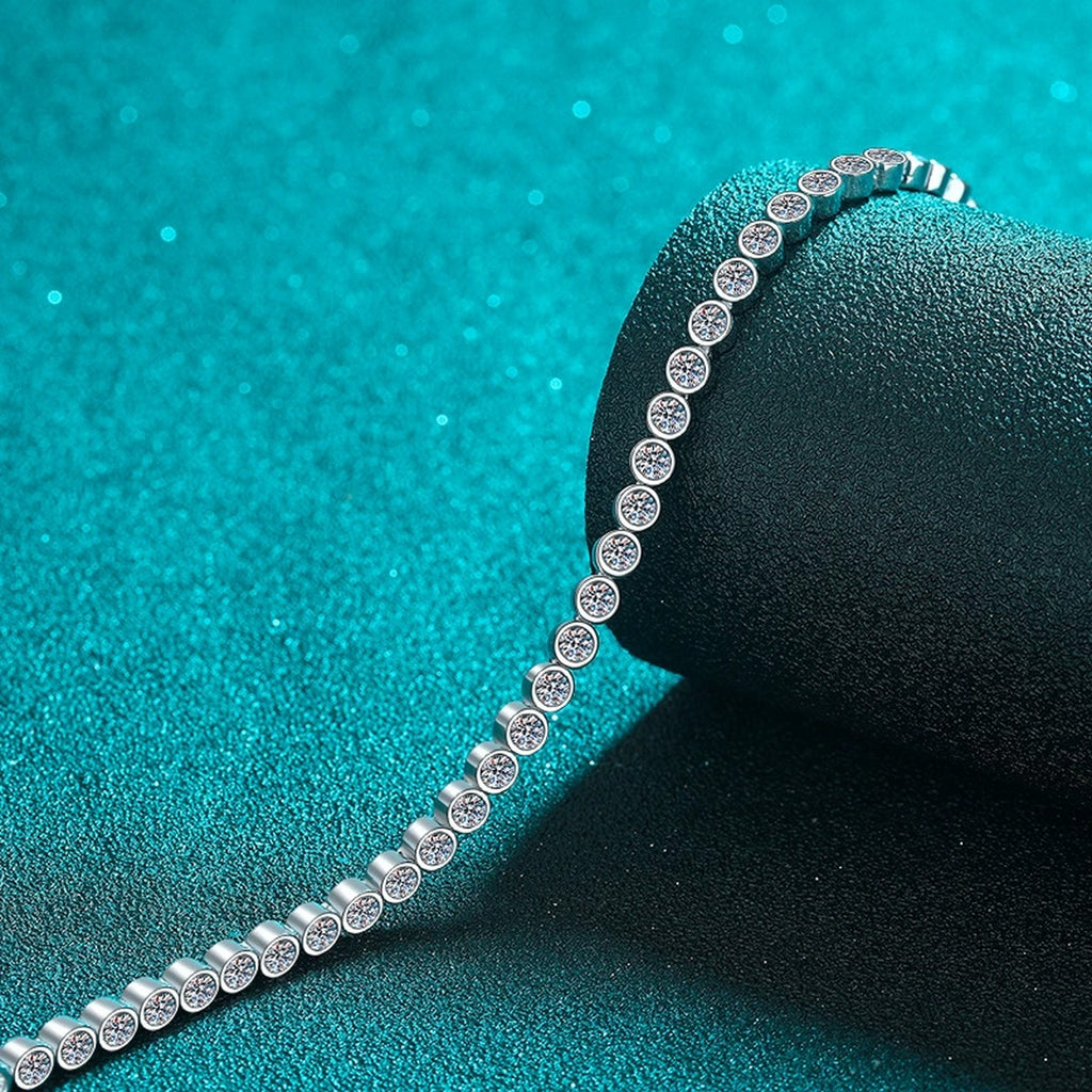 Beaded Round Moissanite Tennis Bracelet in Rhodium-Plated S925 sterling silver styled product scene showing stone sparkle and chain detail