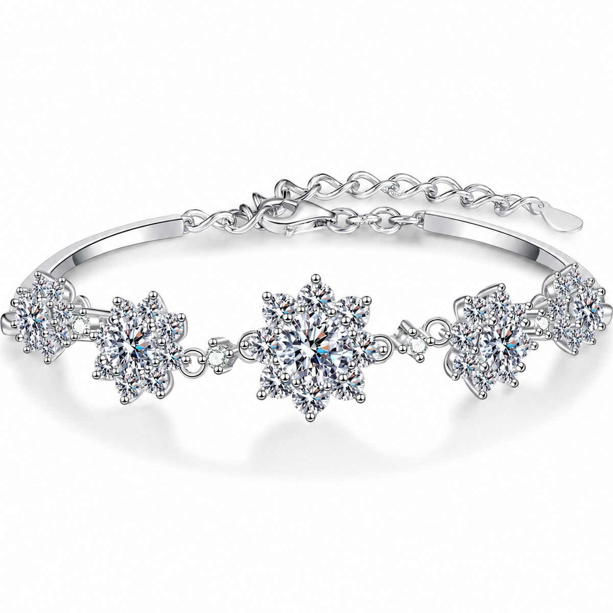 Sunflower Moissanite Adjustable Bracelet with CZ in Rhodium-Plated S925 sterling silver white background product photo showing bracelet shape and moissanite setting