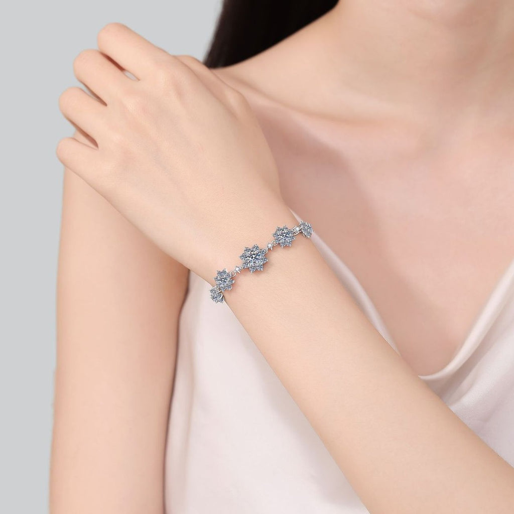 Sunflower Moissanite Adjustable Bracelet with CZ in Rhodium-Plated S925 sterling silver worn on wrist model view showing scale and adjustable fit