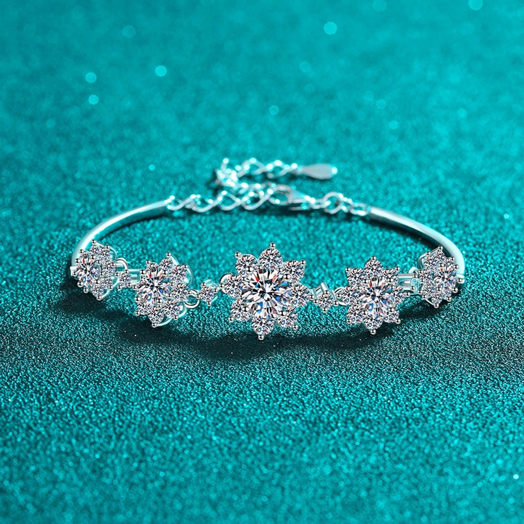 Sunflower Moissanite Adjustable Bracelet with CZ in Rhodium-Plated S925 sterling silver angled product display showing bracelet silhouette