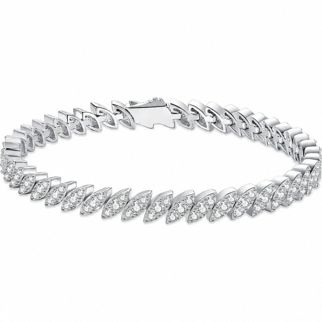 Leaf Moissanite Tennis Bracelet in Rhodium-Plated S925 sterling silver white background product photo showing bracelet shape and moissanite setting