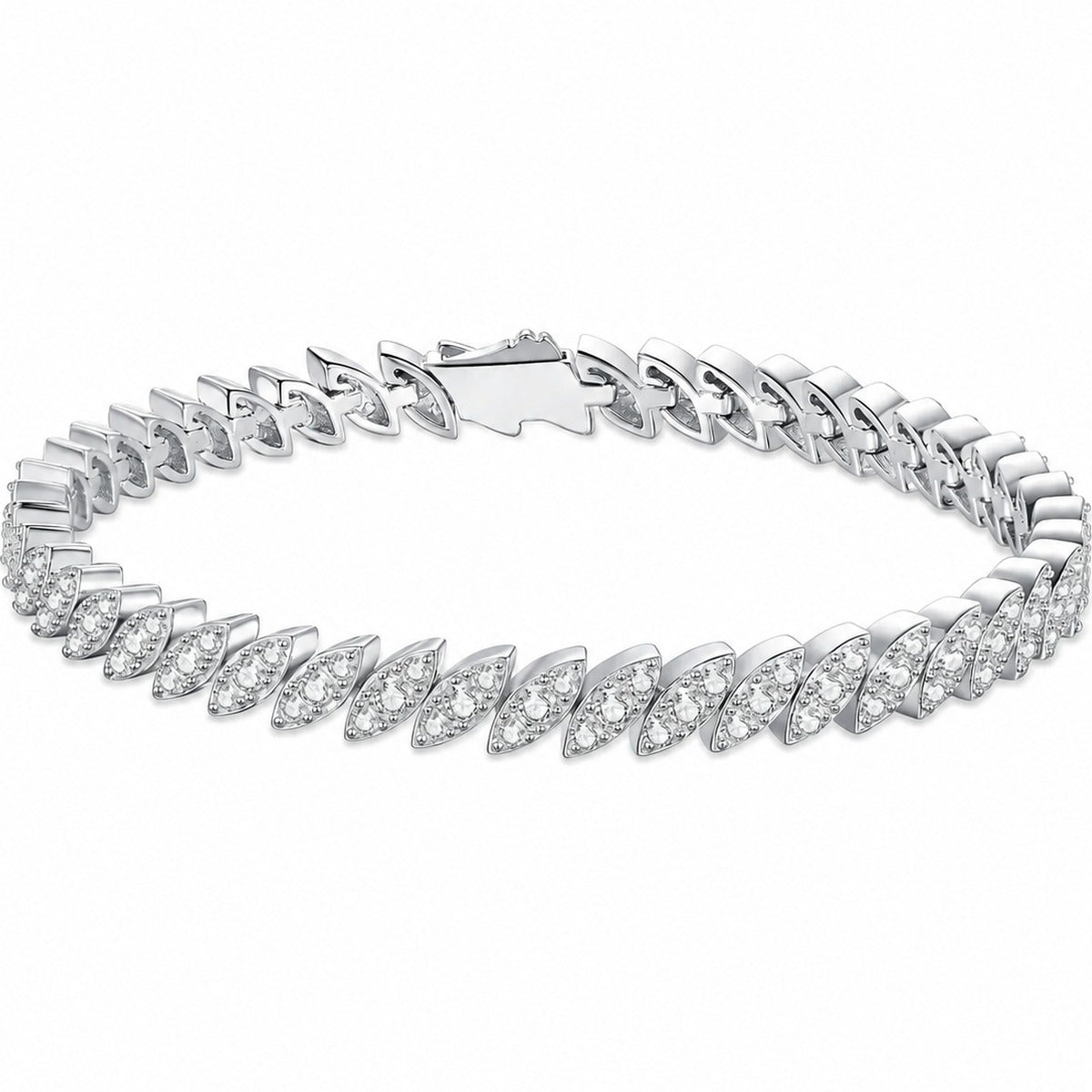 Leaf Moissanite Tennis Bracelet in Rhodium-Plated S925 sterling silver white background product photo showing bracelet shape and moissanite setting