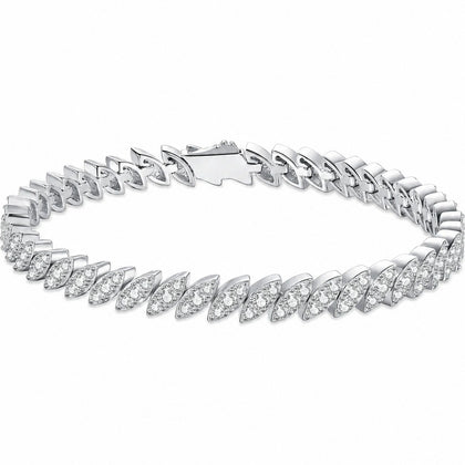 Leaf Moissanite Tennis Bracelet in Rhodium-Plated S925 sterling silver white background product photo showing bracelet shape and moissanite setting
